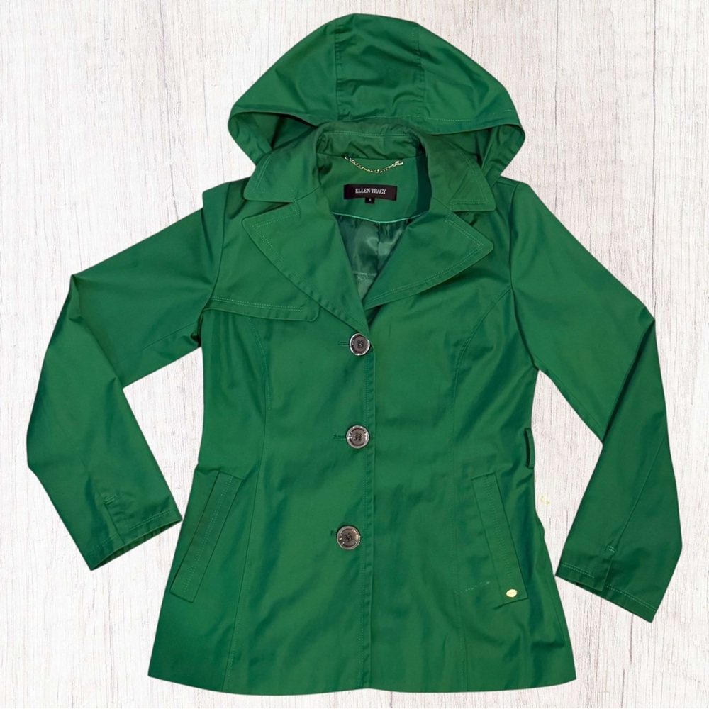Ellen Tracy Kelly Green Hooded Raincoat Jacket Size Small Button Front Spring